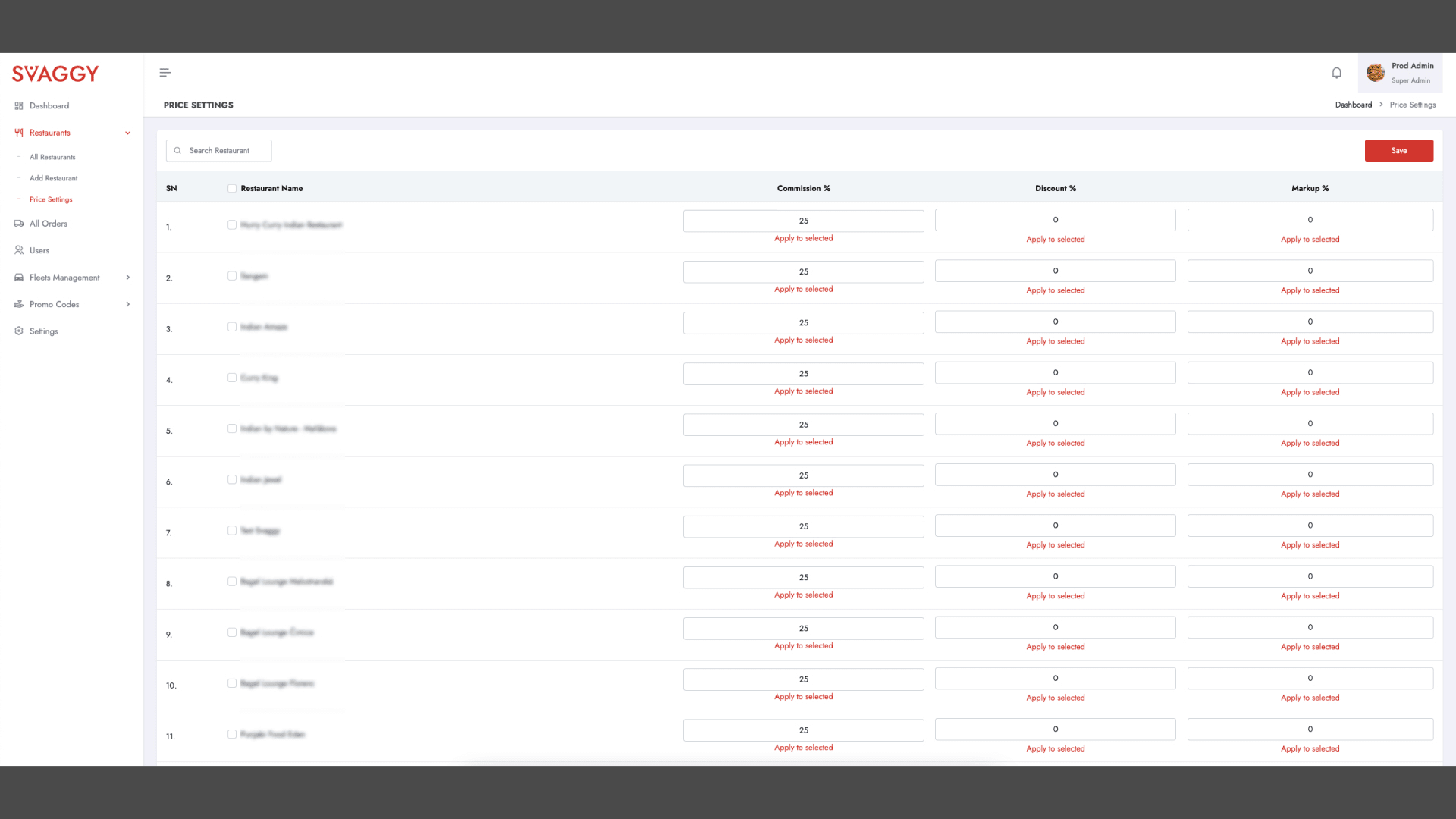 super admin restaurants price settings